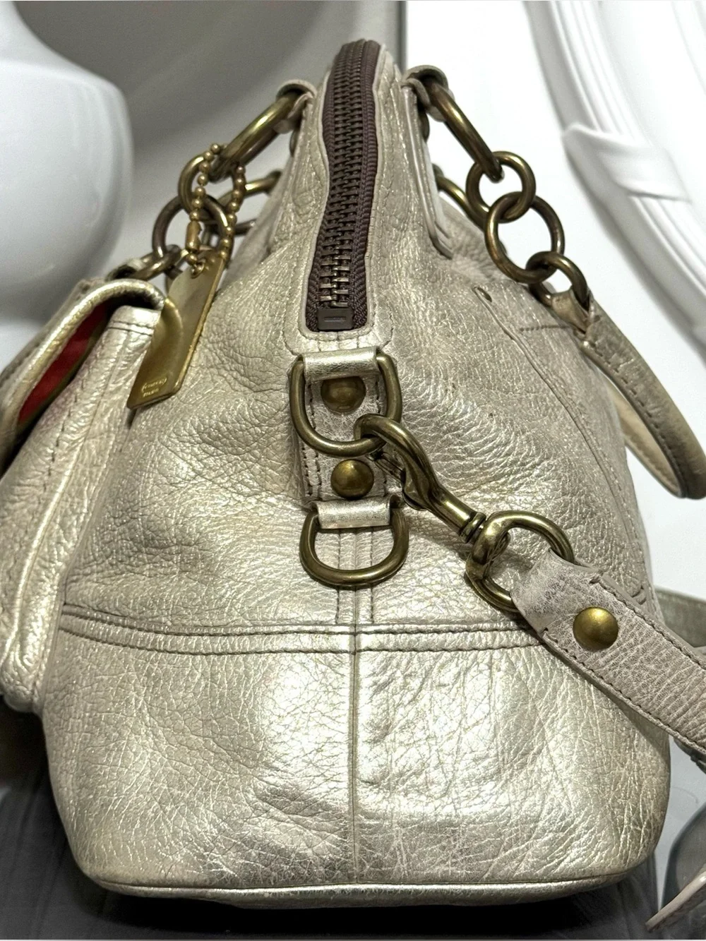 COACH Legacy Francine Domed Pearlized Ivory/ Champagne Metallic Leather Satchel